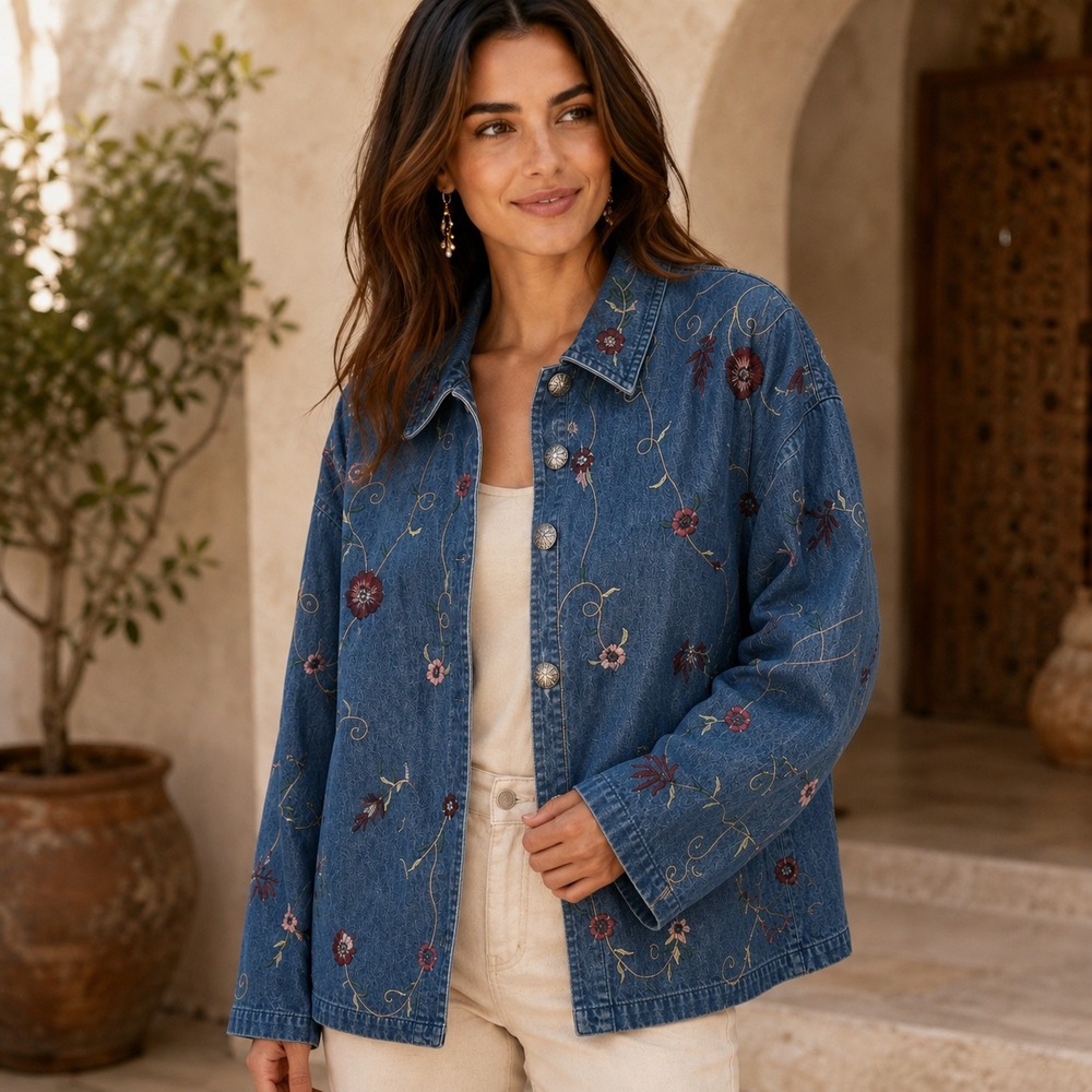 Vintage Y2K Units‎ Woman JCPenney Denim Jacket Women 3X Floral Embroidered Blue